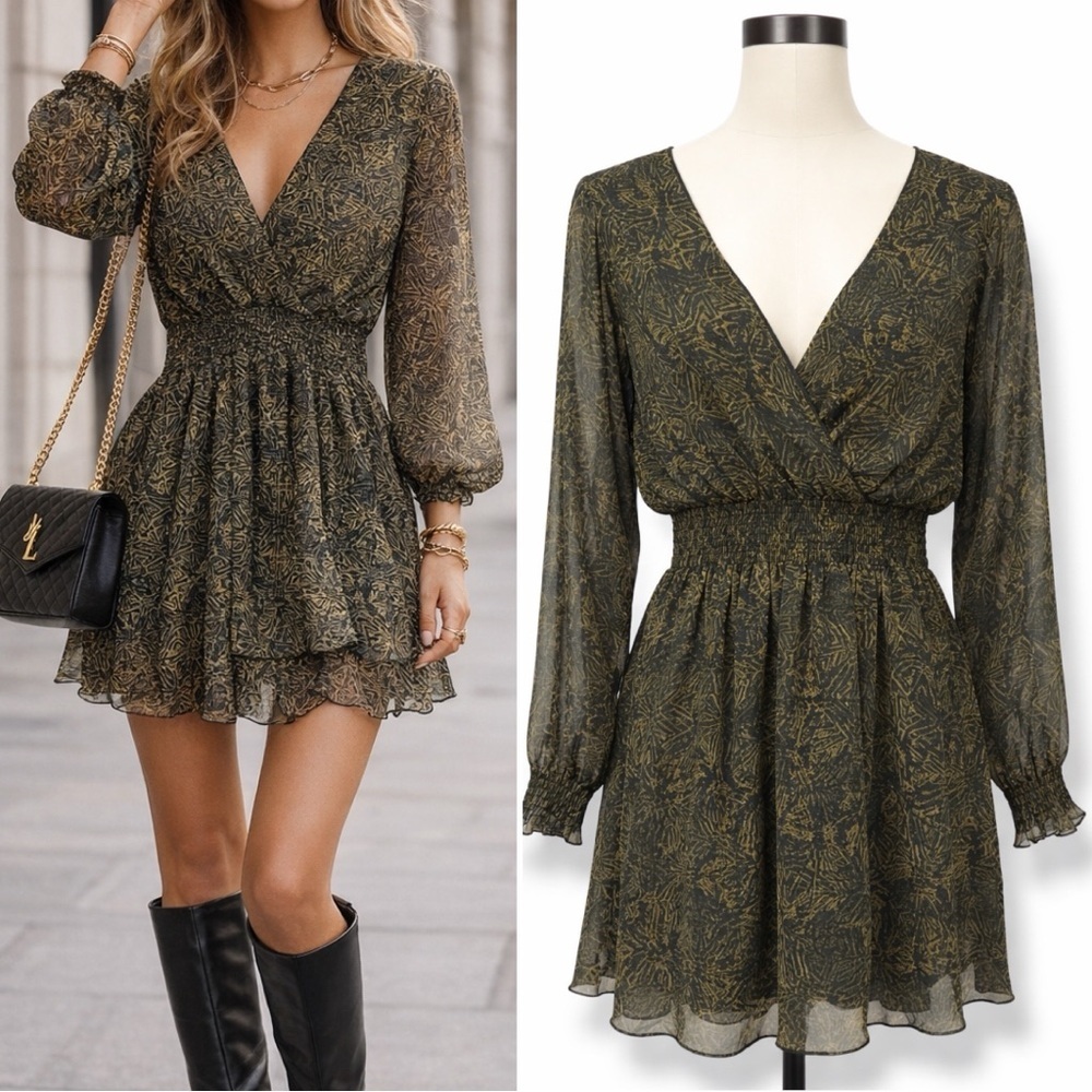 Zara | NWOT Turkey Olive Green Floral Chiffon Wrap V-Neck Smocked Dress (Size S)